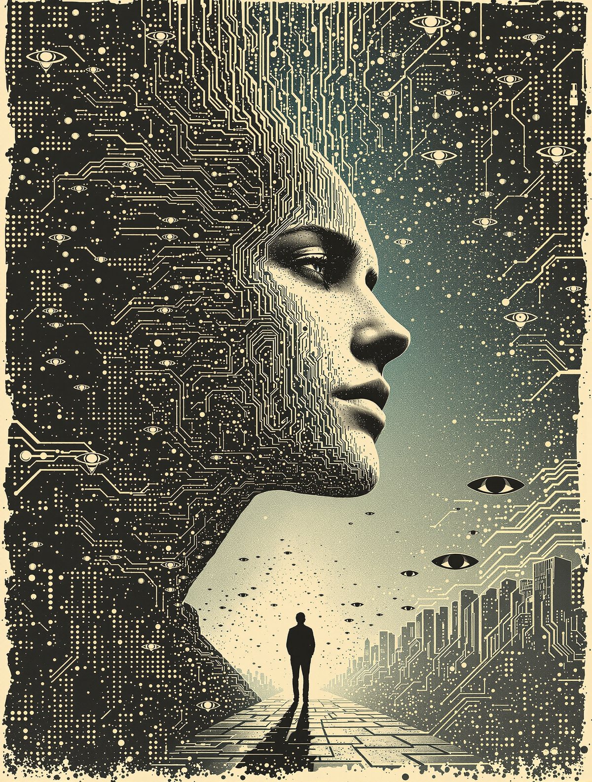 Circuitry face watching a city below